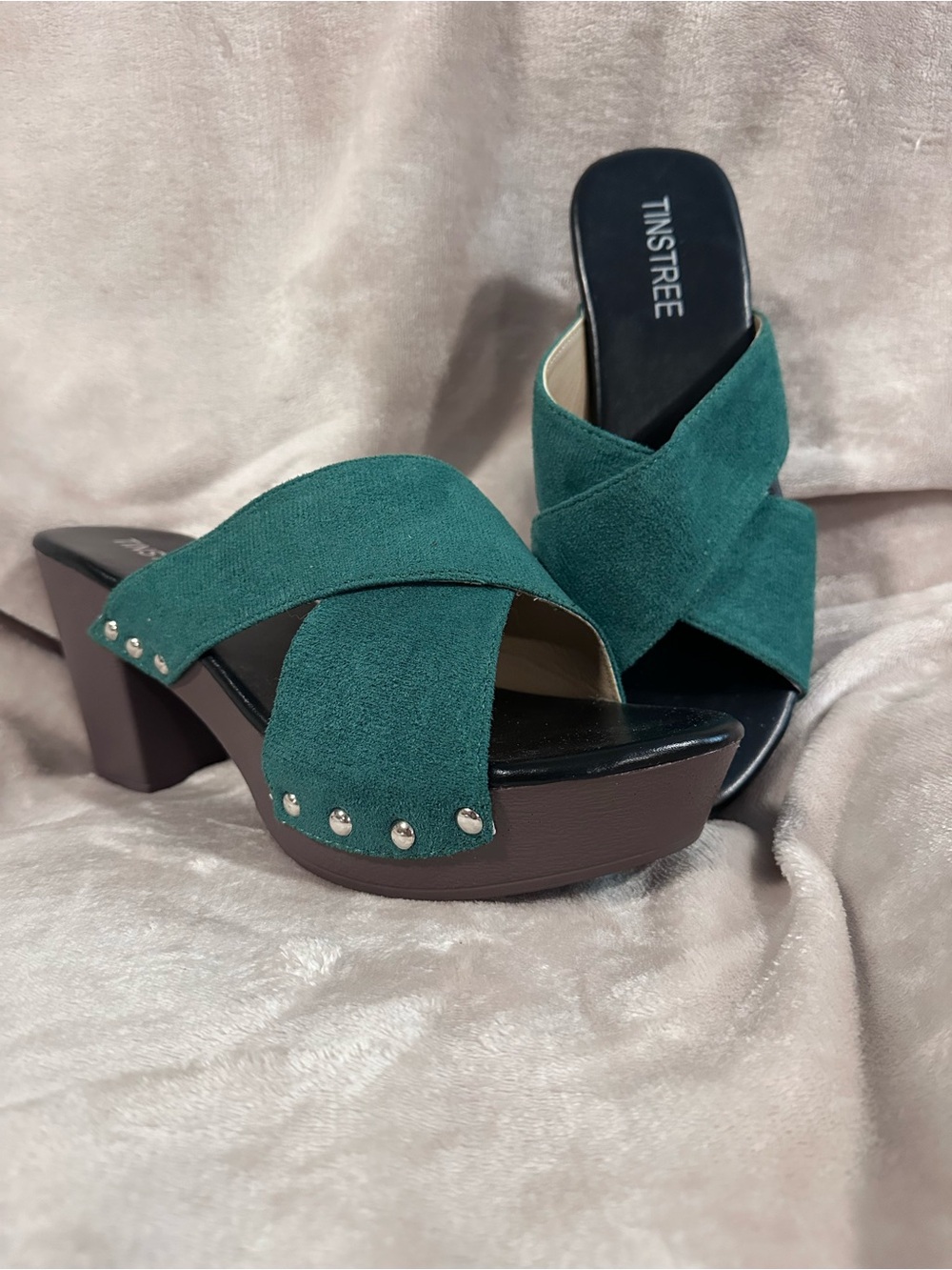 Tinstree Women's Teal Suede Crossband Stud Platform Mules